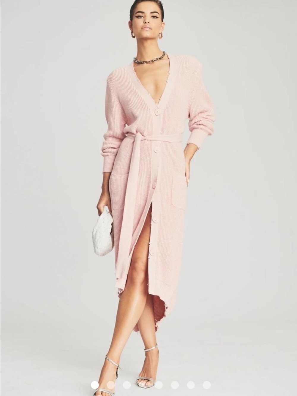 Long Button-Front Belted Midi Dress in Light Pink